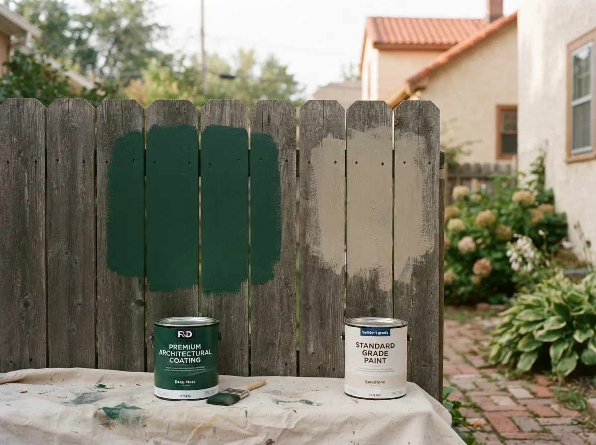 Weathered fence with one section coated in dark green architectural coating and the rest in faded standard paint, two tins in front