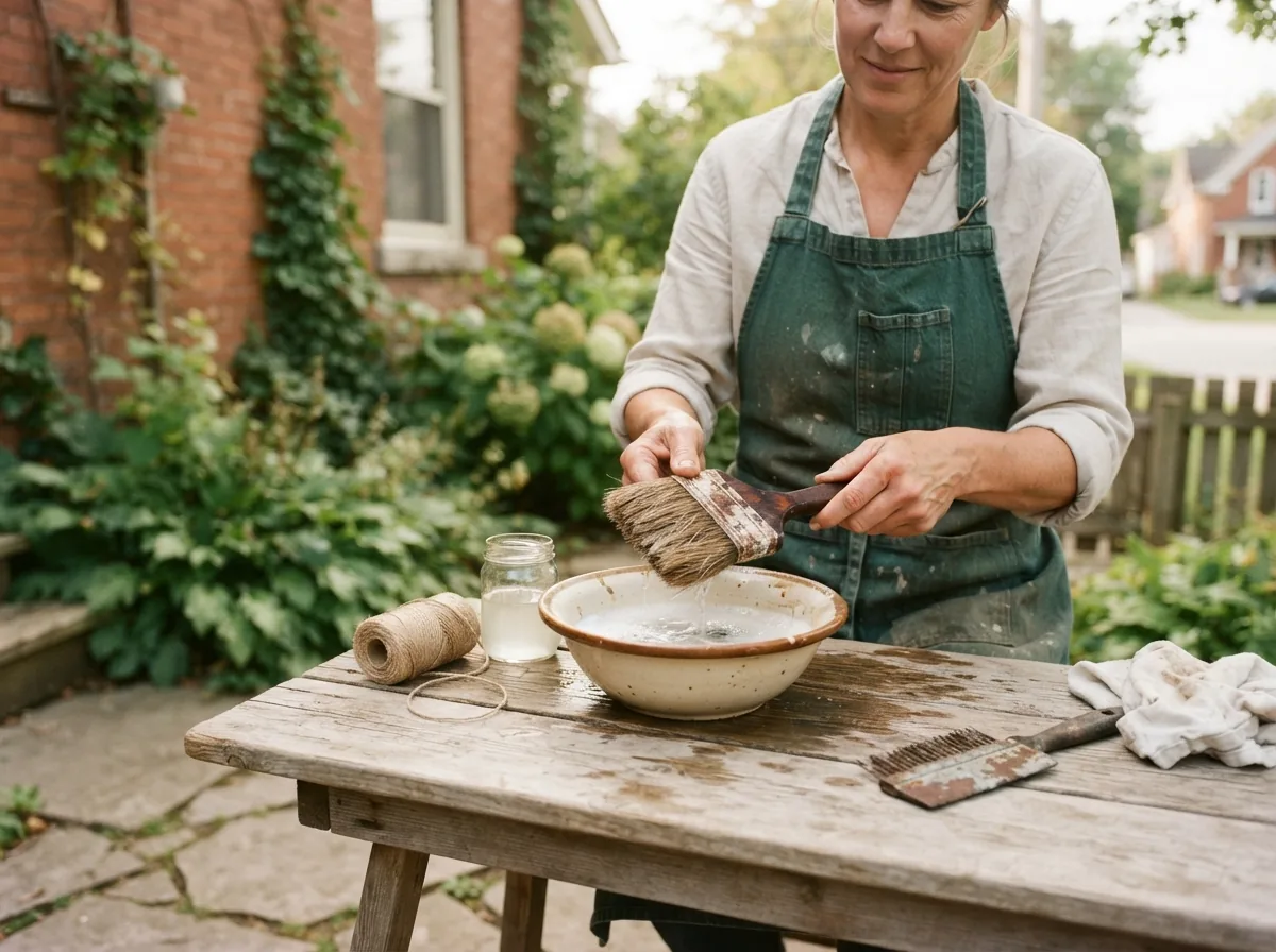 Person cleaning a paint brush in a bowl of water at an outdoor bench