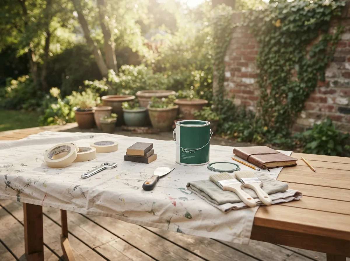 Sanding blocks, abrasive paper and a paint tin set out on a cloth-covered outdoor table