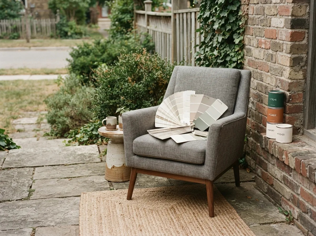 Grey armchair against a brick wall with a fan of colour swatches on the seat and paint tins beside it