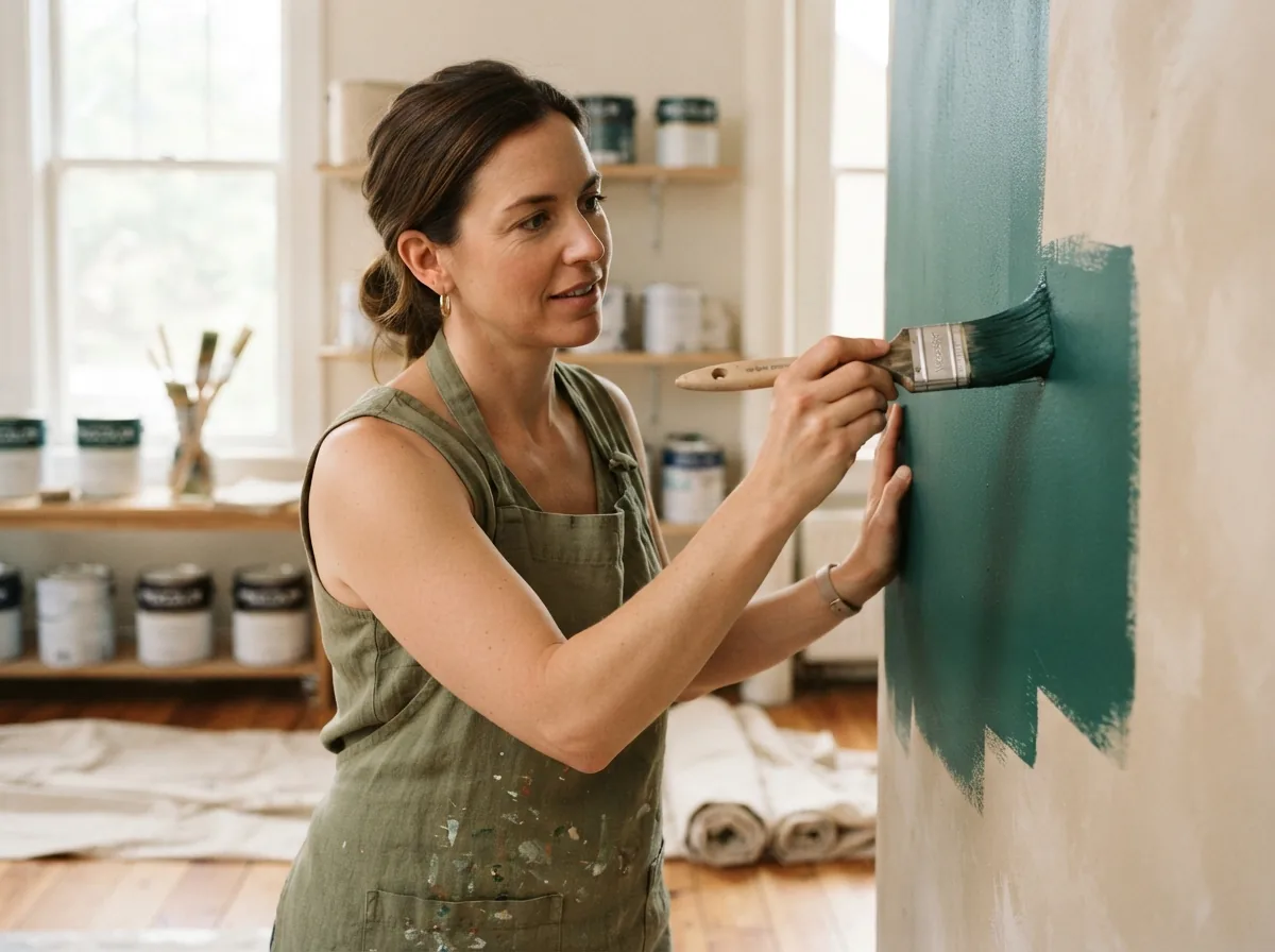Person brushing deep teal paint onto an interior wall in a paint studio
