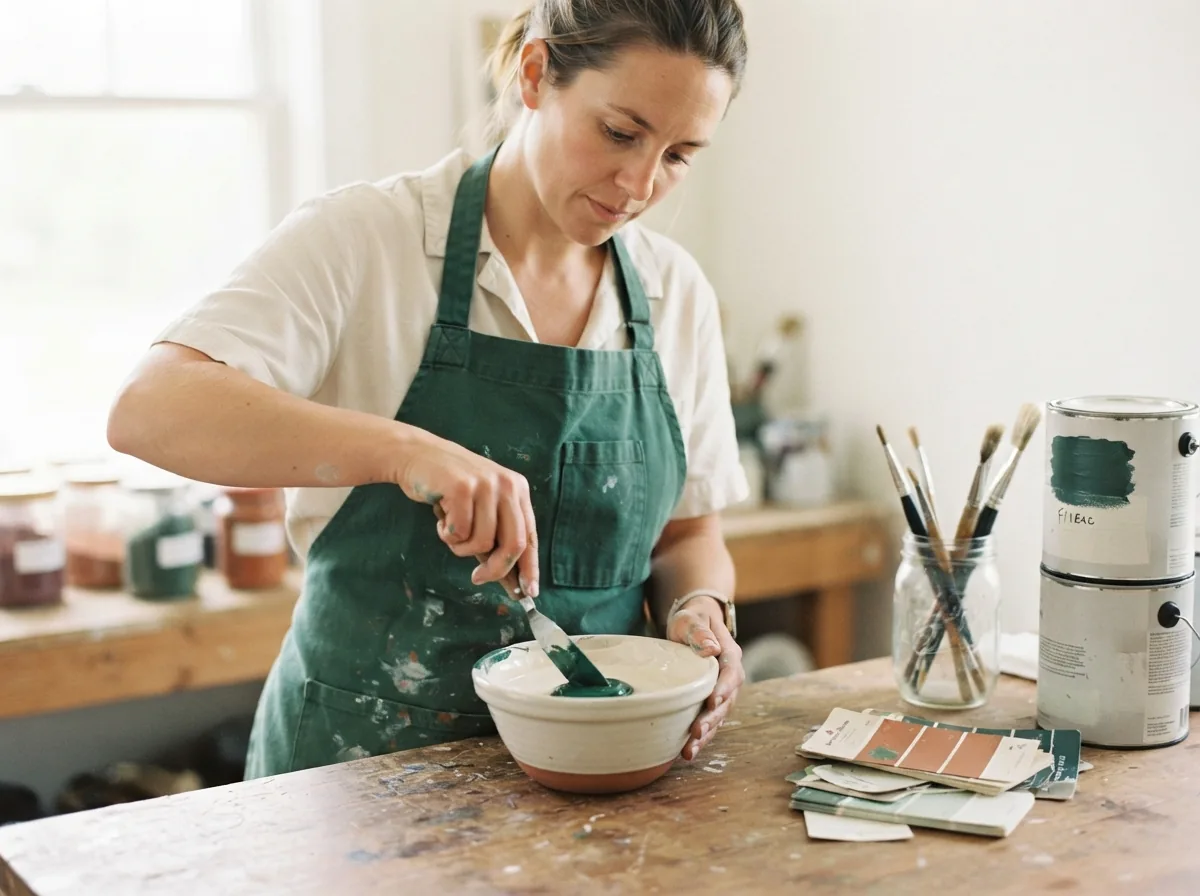 Person mixing tinted paint in a bowl at a workbench, brushes and colour cards beside them