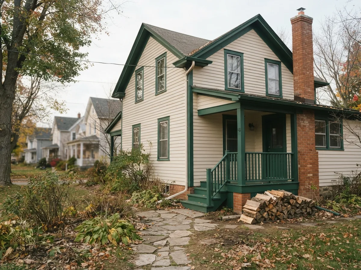 Cream-clad two-storey house with dark green trim and porch on an autumn street
