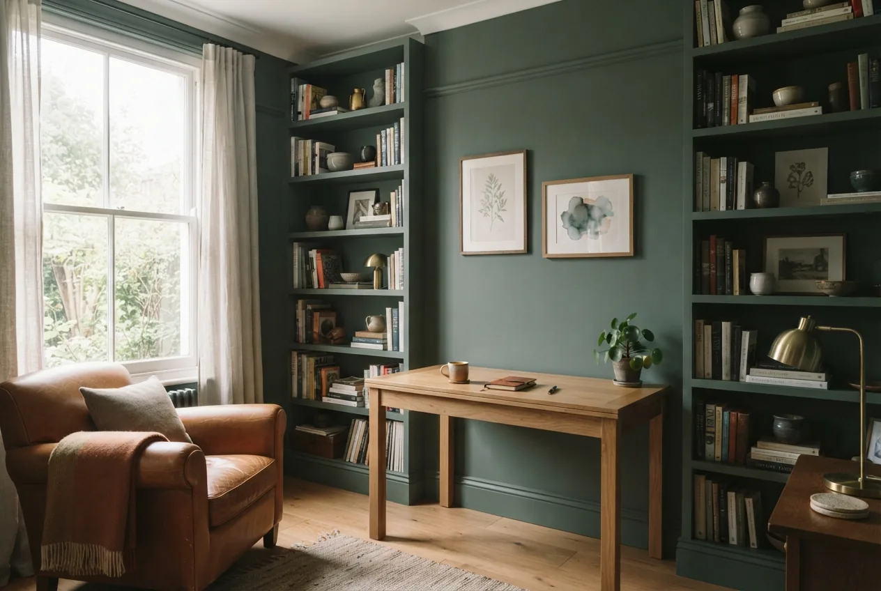Cosy study lined with bookshelves painted in Plateau