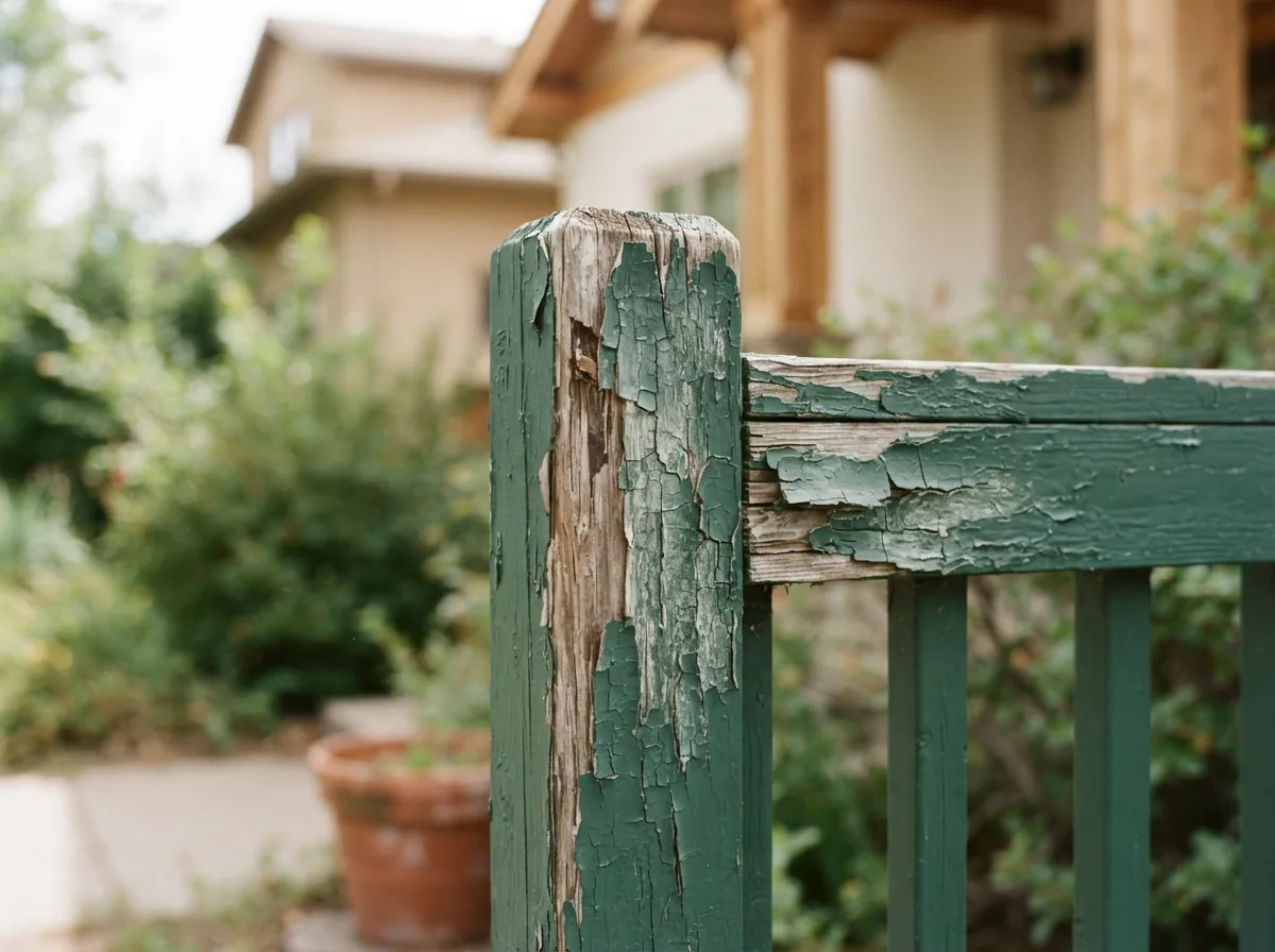 Weathered fence post with green paint flaking and lifting away from the bare wood