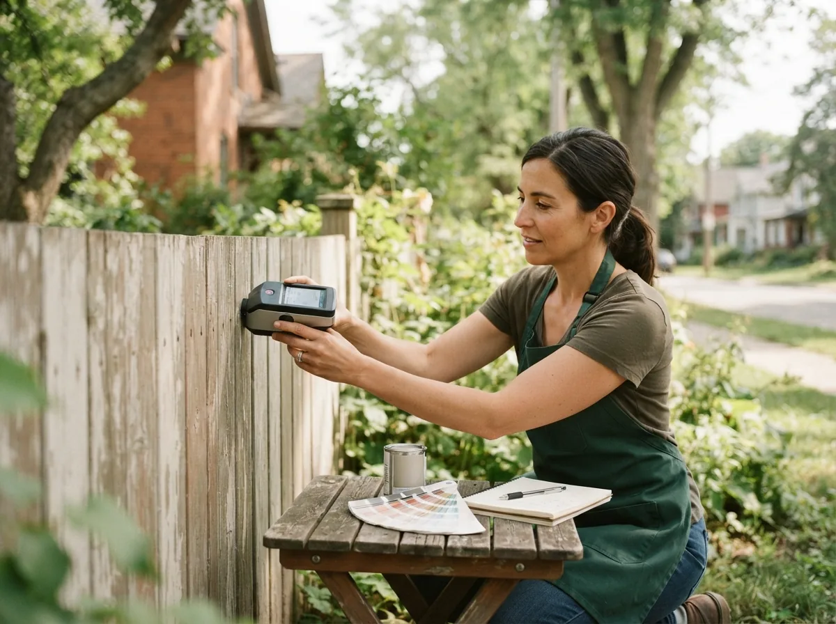 Person using a handheld colour reader against a weathered fence board, swatches on the table