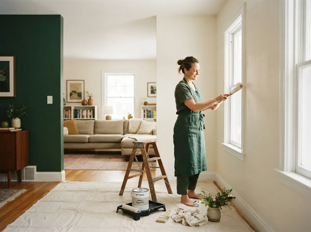 Falls Decor Services: How we help Explore Our Full Range of Support Interior & Exterior Paint Transform your indoor spaces with MF Paints interior lines, perfect for walls, ceilings, and trim. Set this one as a wide environmental scene INDOORS in a lived-in interior (e.g. a living room, kitchen, or workspace)