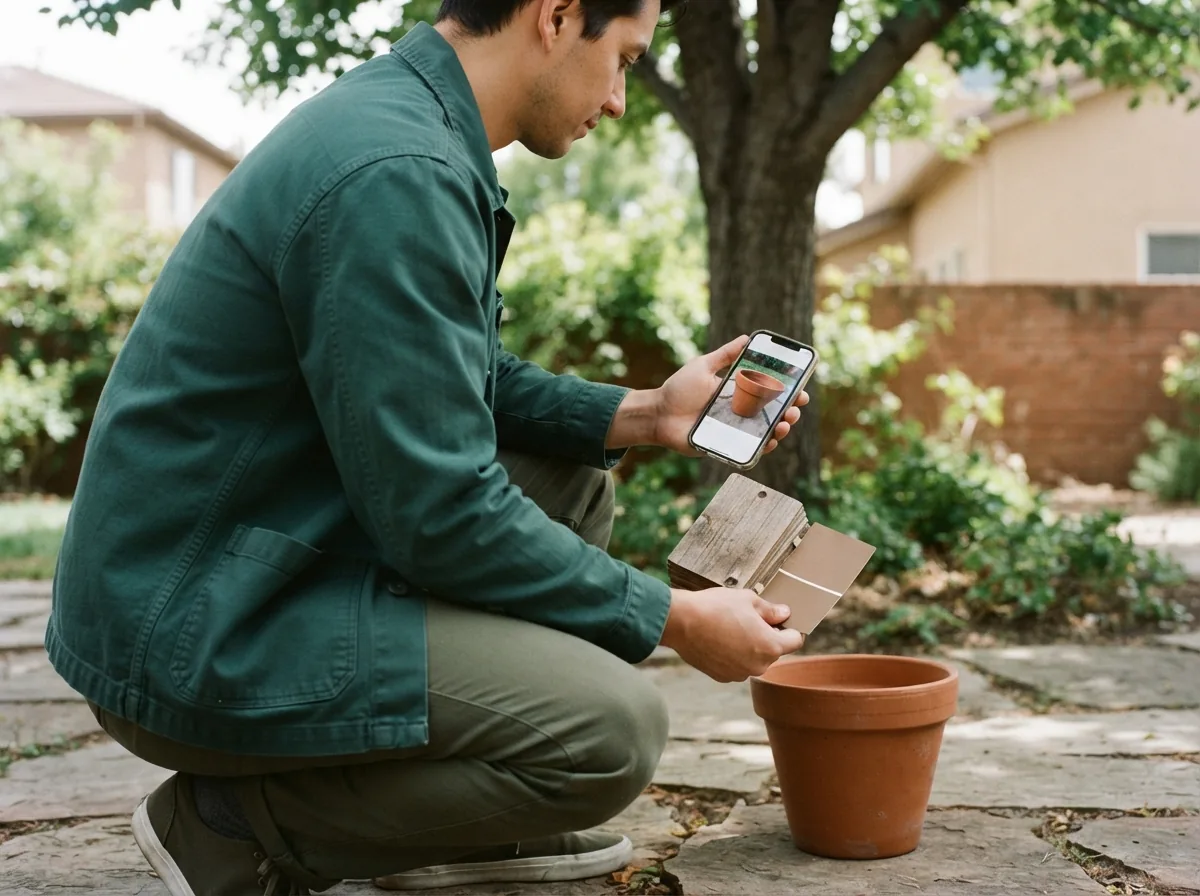 Person crouched outdoors comparing a photo on a phone against a paint sample board