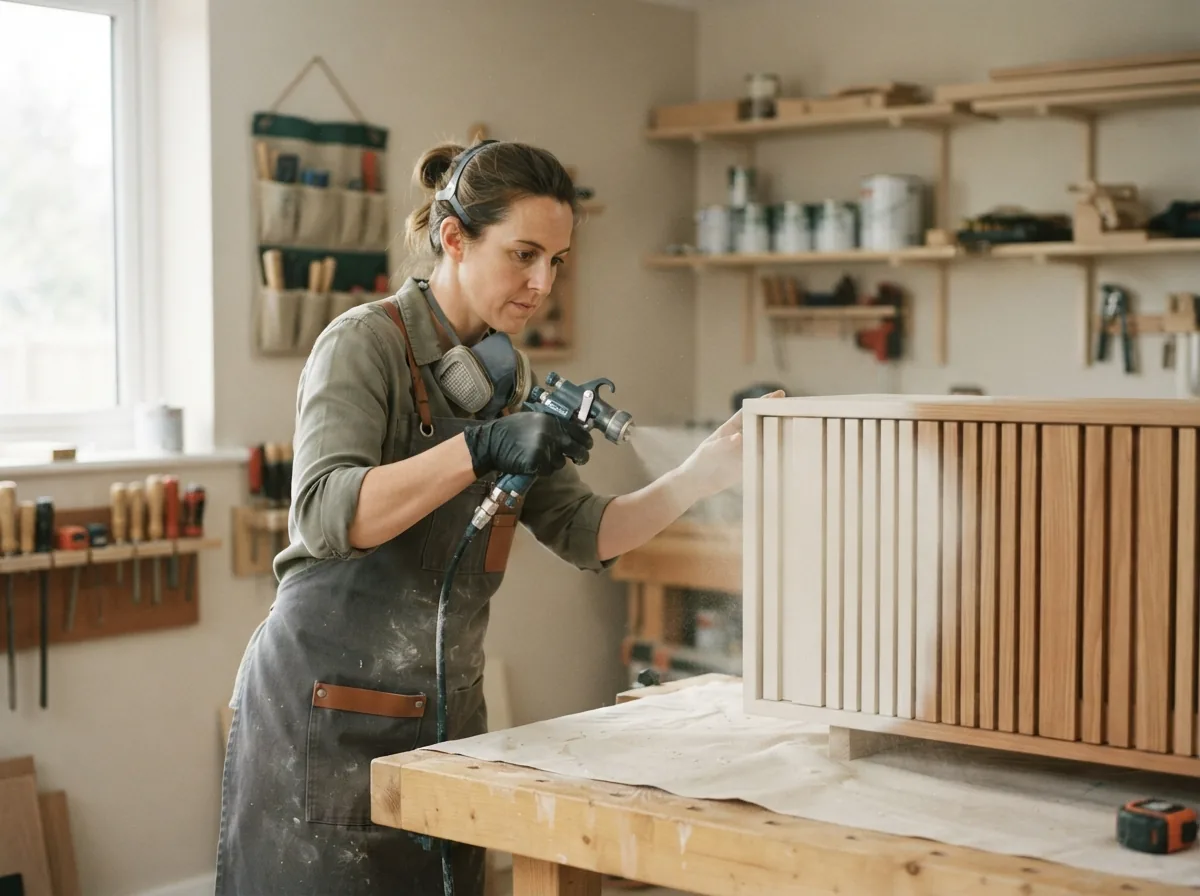Person in a respirator spraying finish onto a slatted cabinet in a workshop