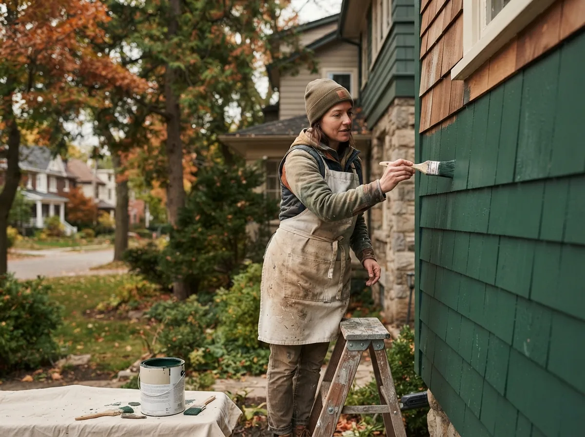 Person on a stepladder brushing dark green paint onto cedar shingle siding