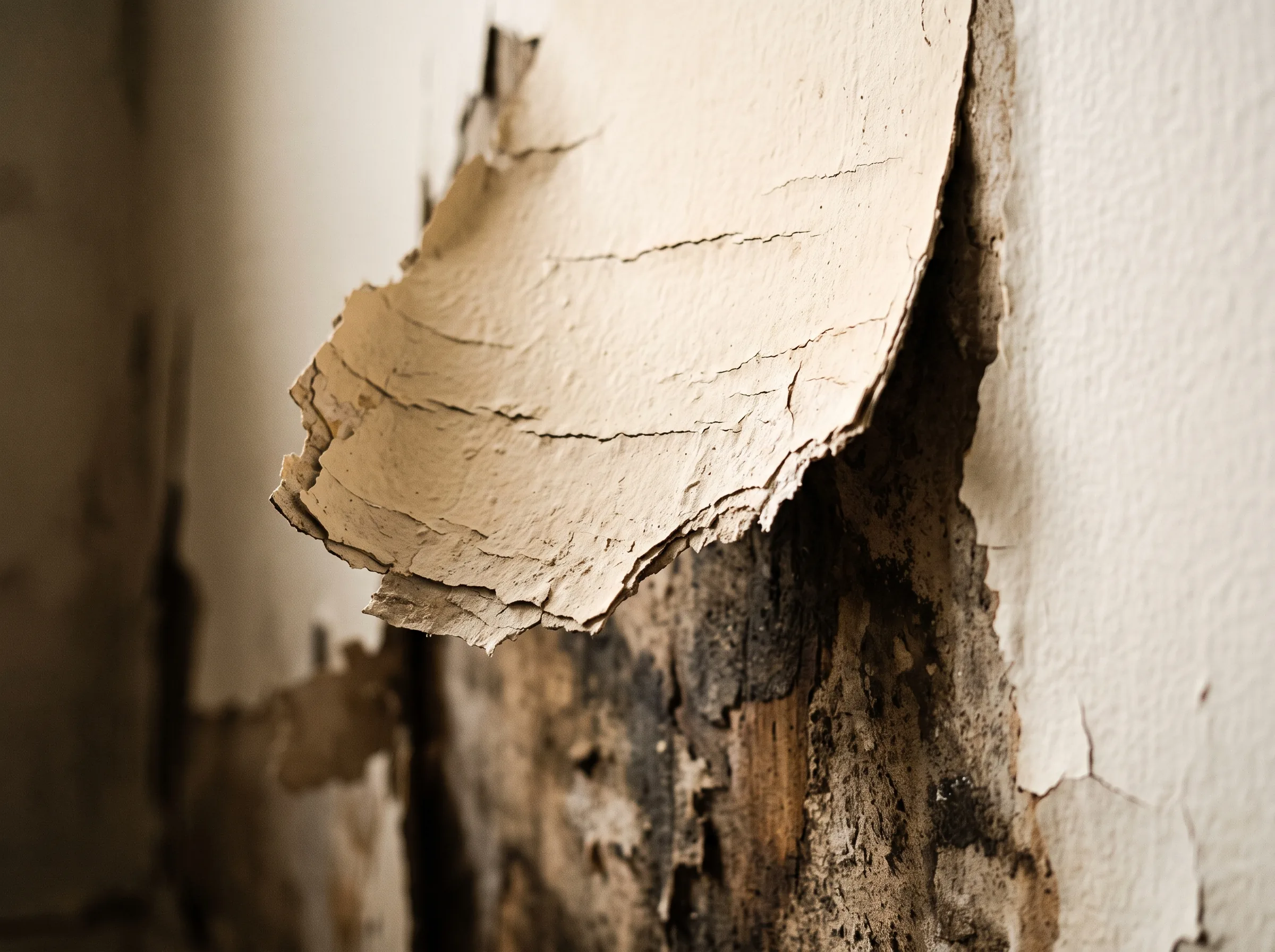 Interior wall paint curling away from the substrate in a sheet, with moisture staining darkening the exposed drywall underneath