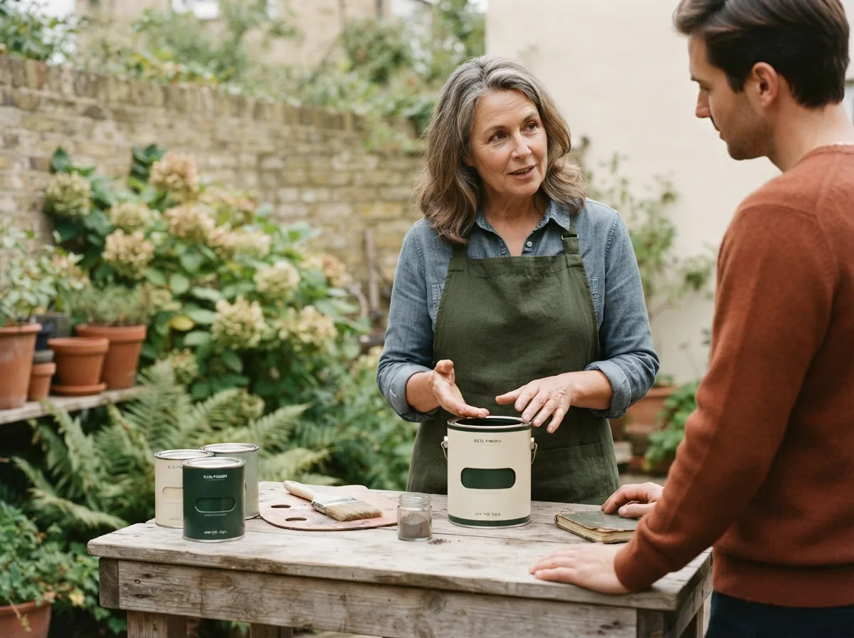 Falls Decor staff member talking a customer through a paint tin and sample boards at an outdoor counter