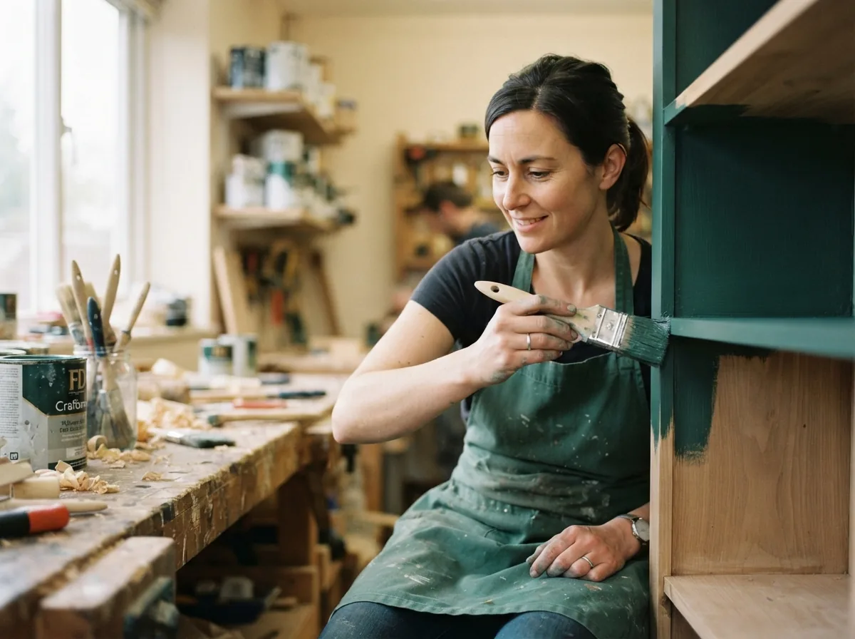 Person brushing teal paint onto a cabinet in a workshop