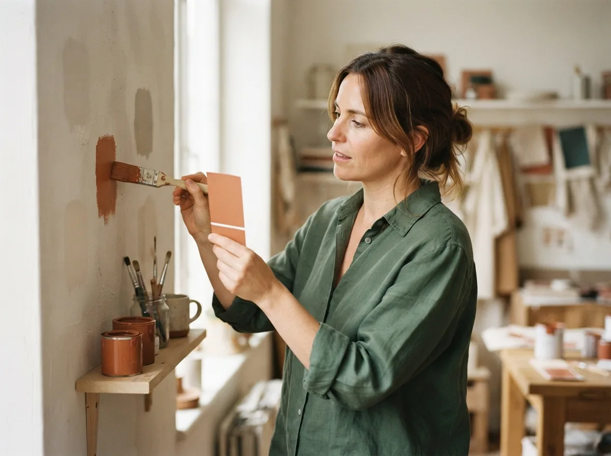 Person holding a terracotta colour card against a wall beside a painted test patch