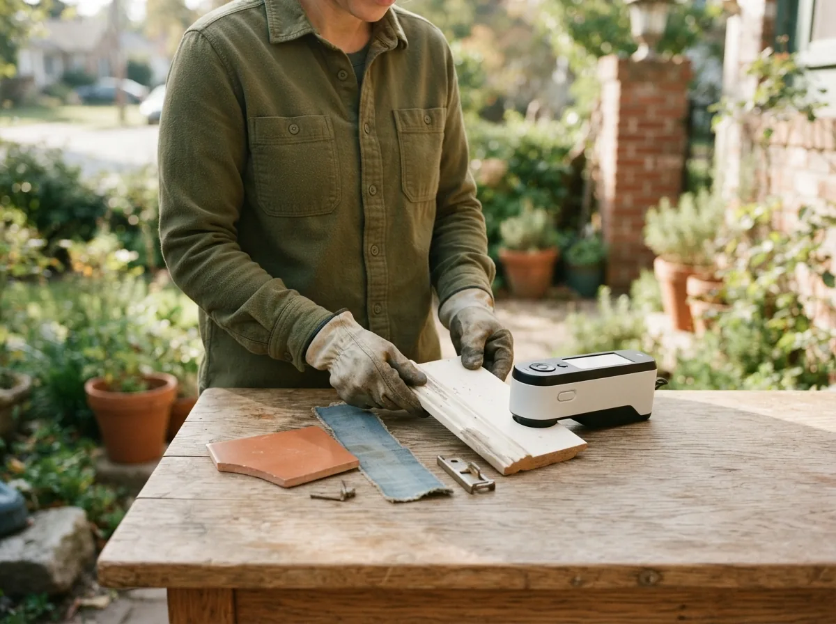 Person in work gloves scanning a wood offcut with a handheld colour reader