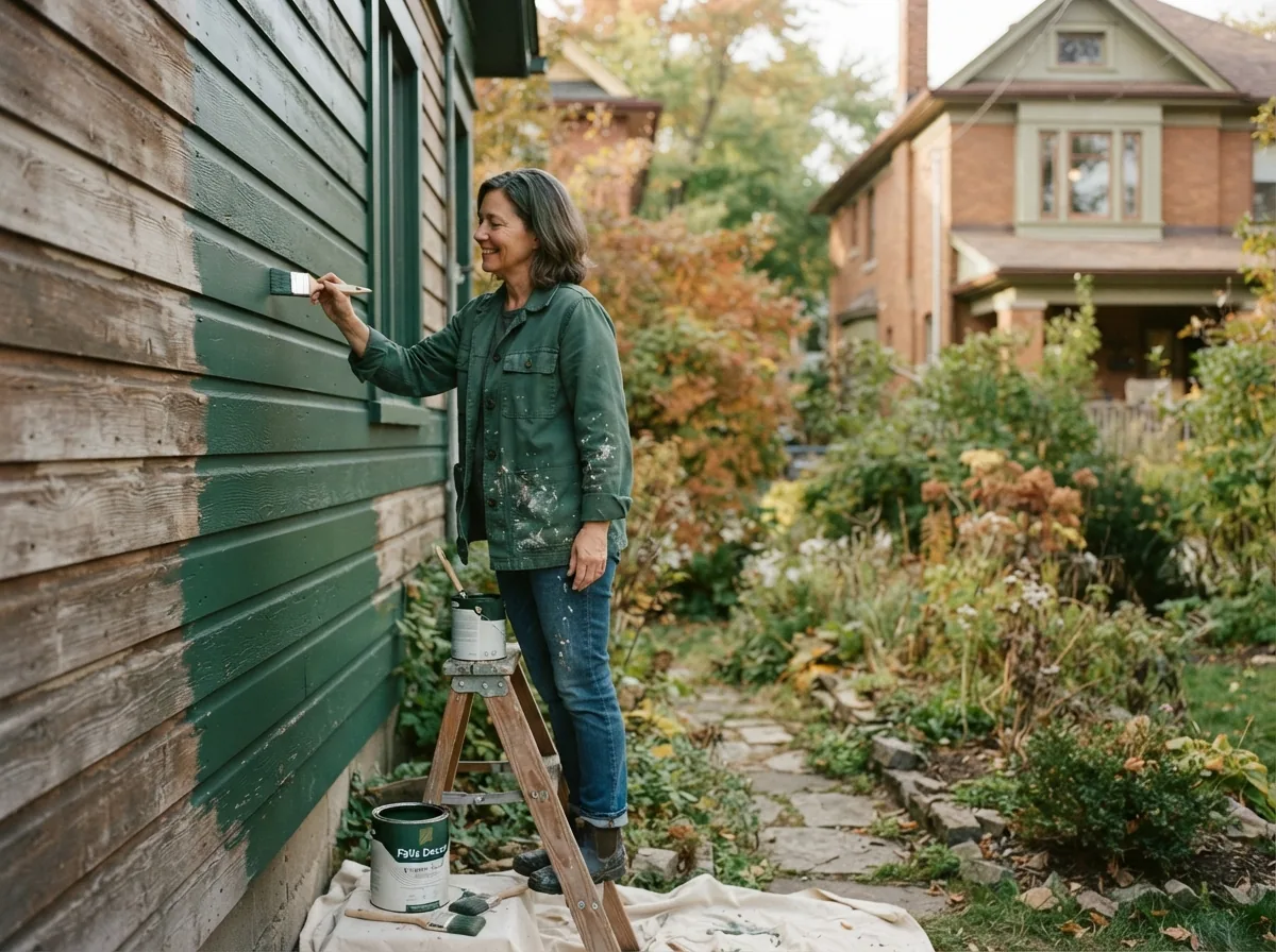 Person on a stepladder painting dark green clapboard siding on a house