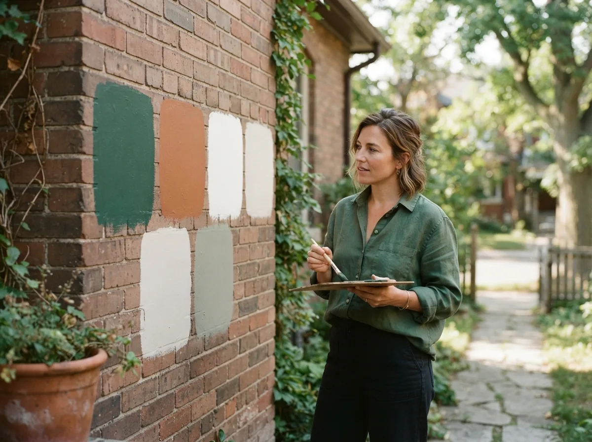Person with a clipboard studying four large test patches painted on a brick wall