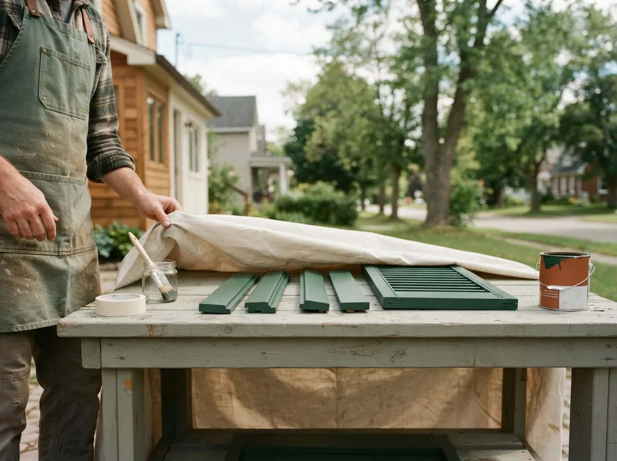 Person laying out freshly painted green shutter slats to dry on a trestle table