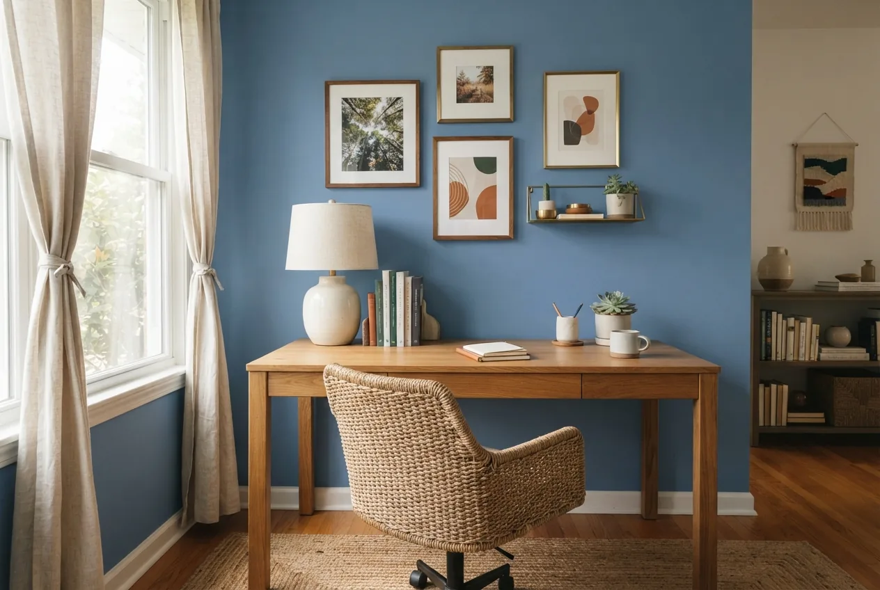 Tidy home office painted in Caribbean Current