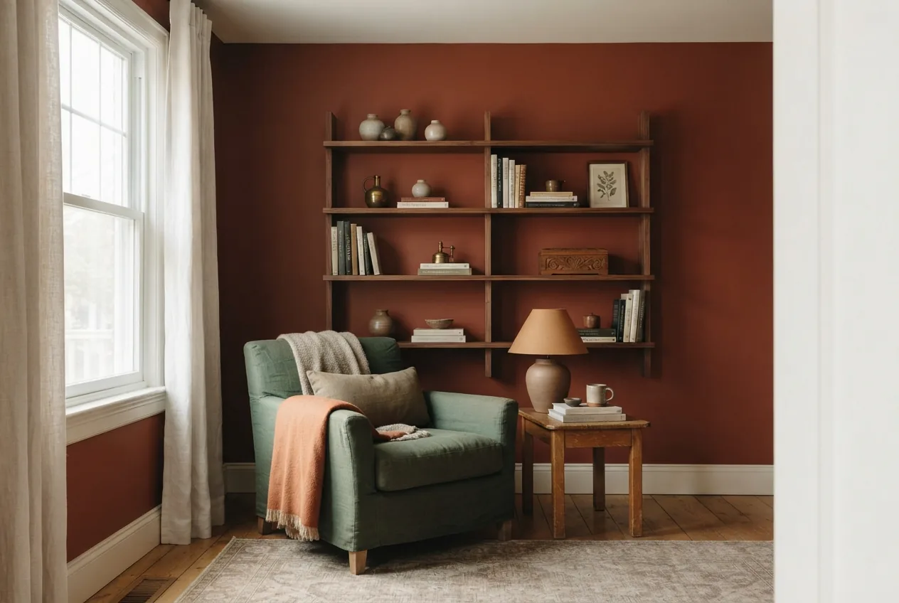 Intimate den with warm wood shelving painted in Dark Marmalade