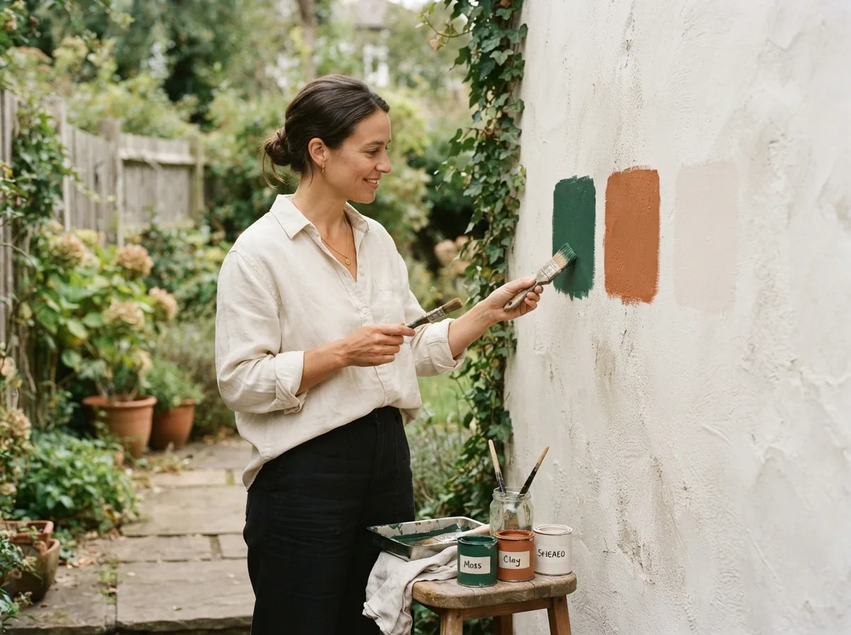 Person brushing green and terracotta test patches side by side onto a pale stucco wall