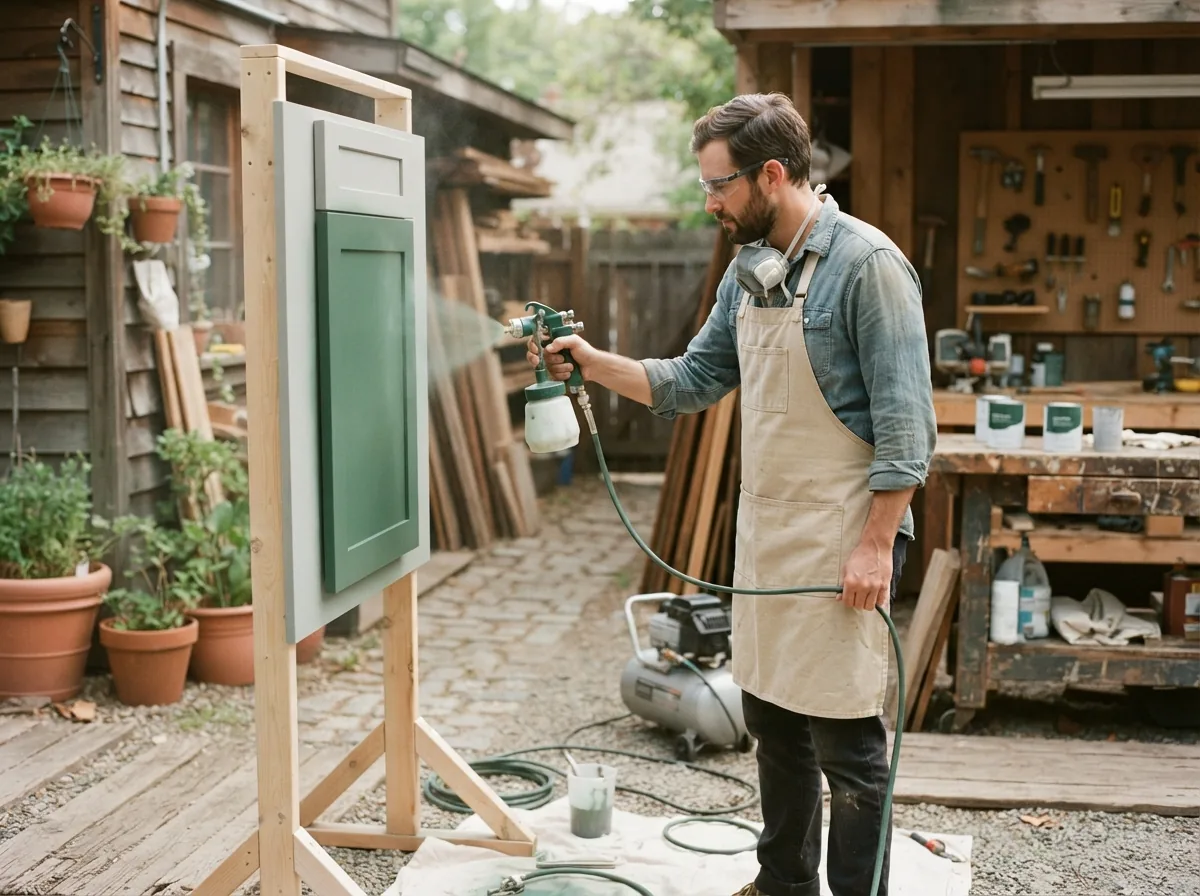 Person spray-finishing a green cabinet door clamped upright in a yard, compressor at their feet