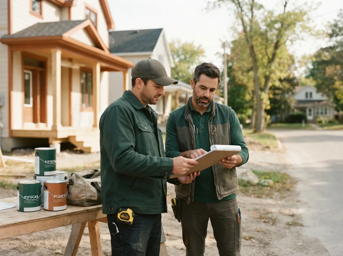 Two contractors reviewing a tablet on a job site, paint tins on the sawhorse behind