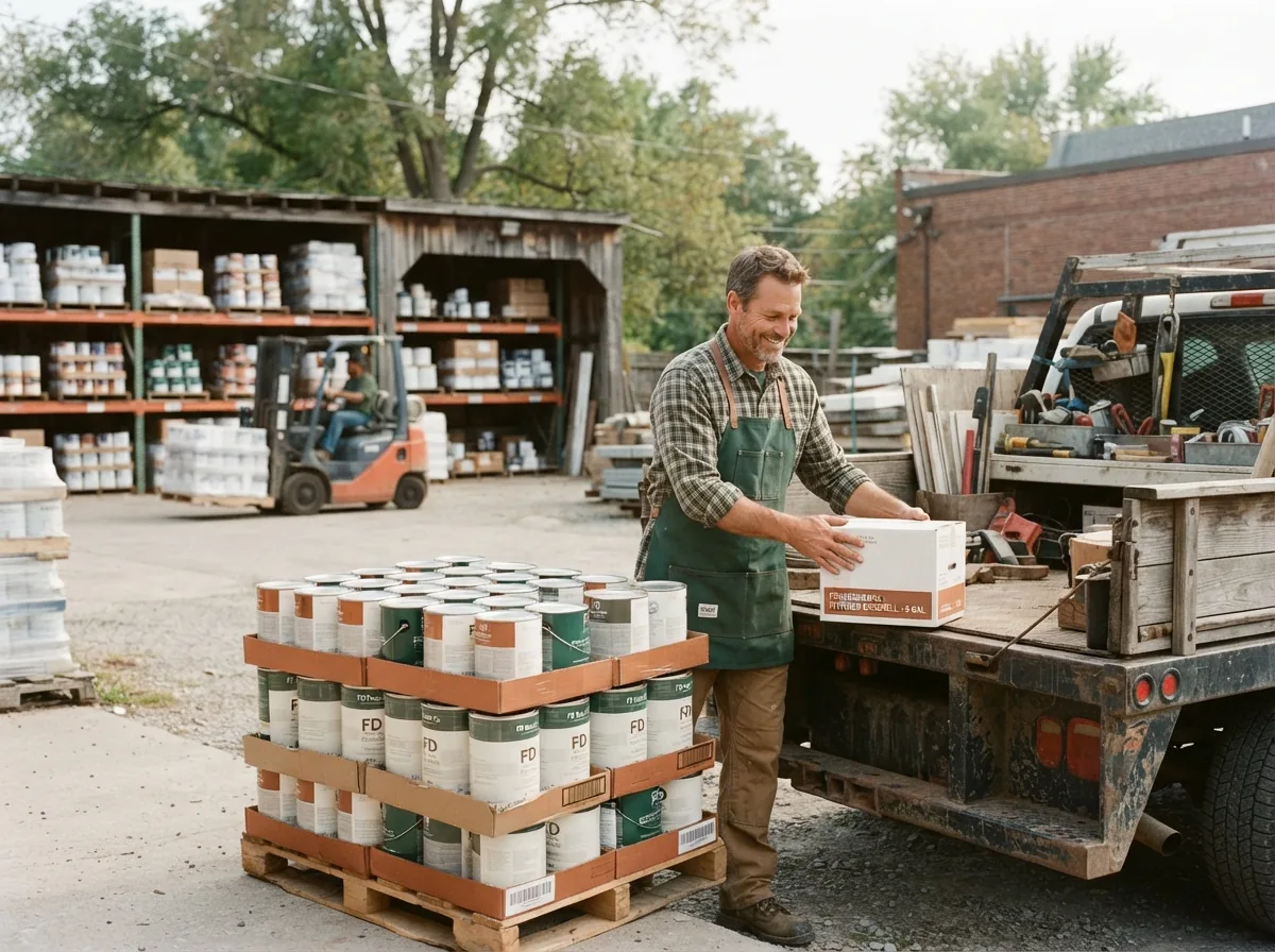 Person loading a pallet of paint tins onto a flatbed truck outside a supply yard