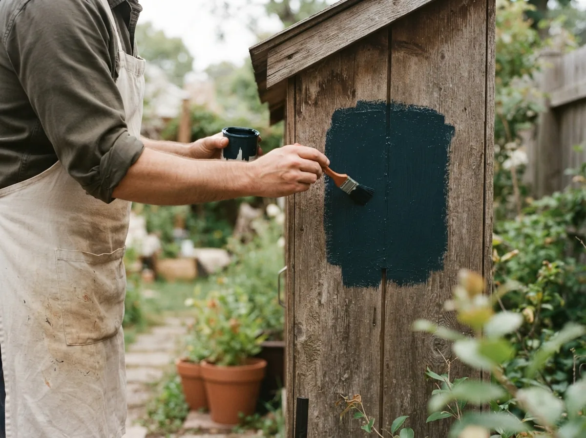 Person brushing a dark blue-green test patch onto a weathered wooden door