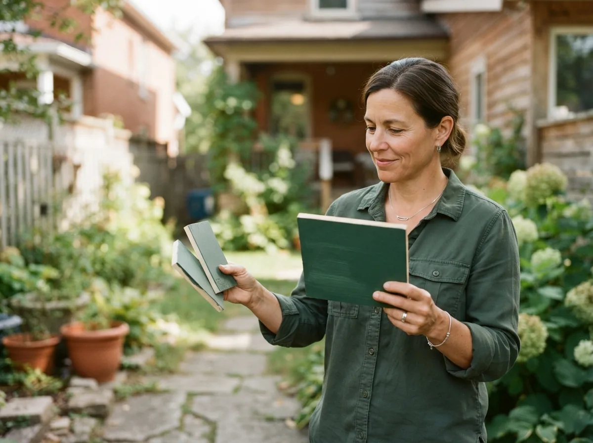Person outdoors comparing two large colour boards, dark green in one hand and pale in the other