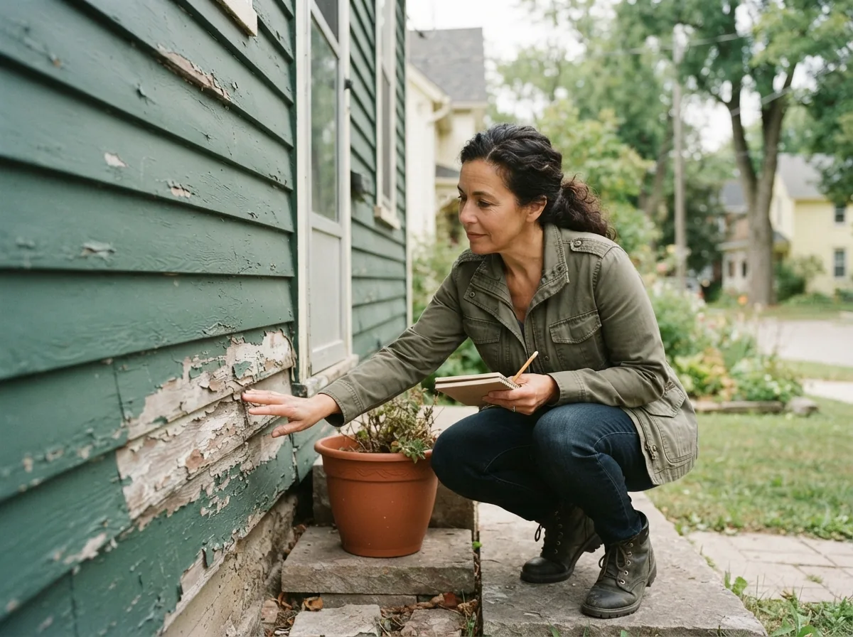 Person crouched beside green siding with a notebook, examining a patch where the paint has flaked away
