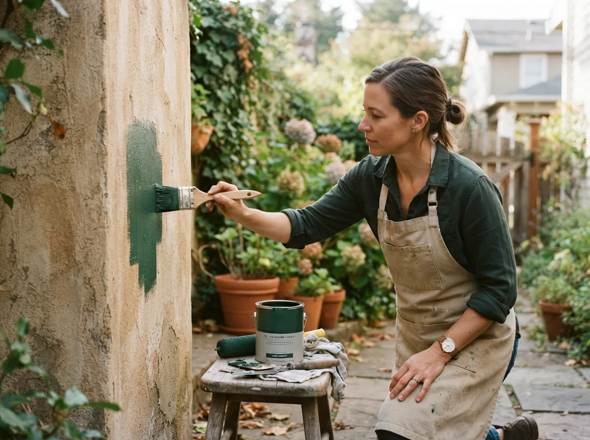 Person rolling green paint onto a bare stucco wall, tray and tin on a stool