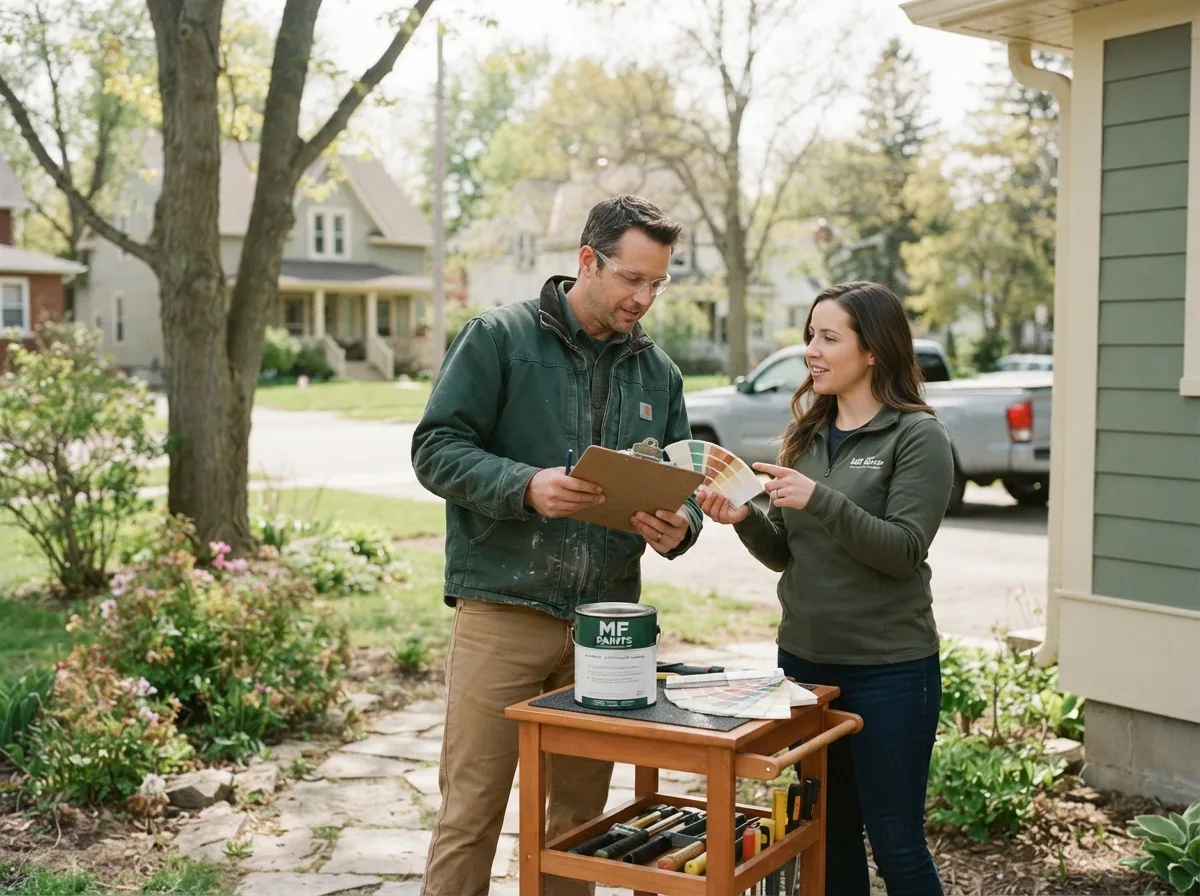 Two Falls Decor staff members reviewing a clipboard outside a house, paint tin and tools on a cart