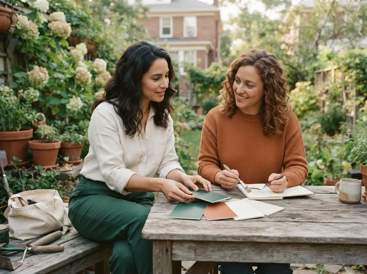 Two people at a garden table going through colour cards and taking notes