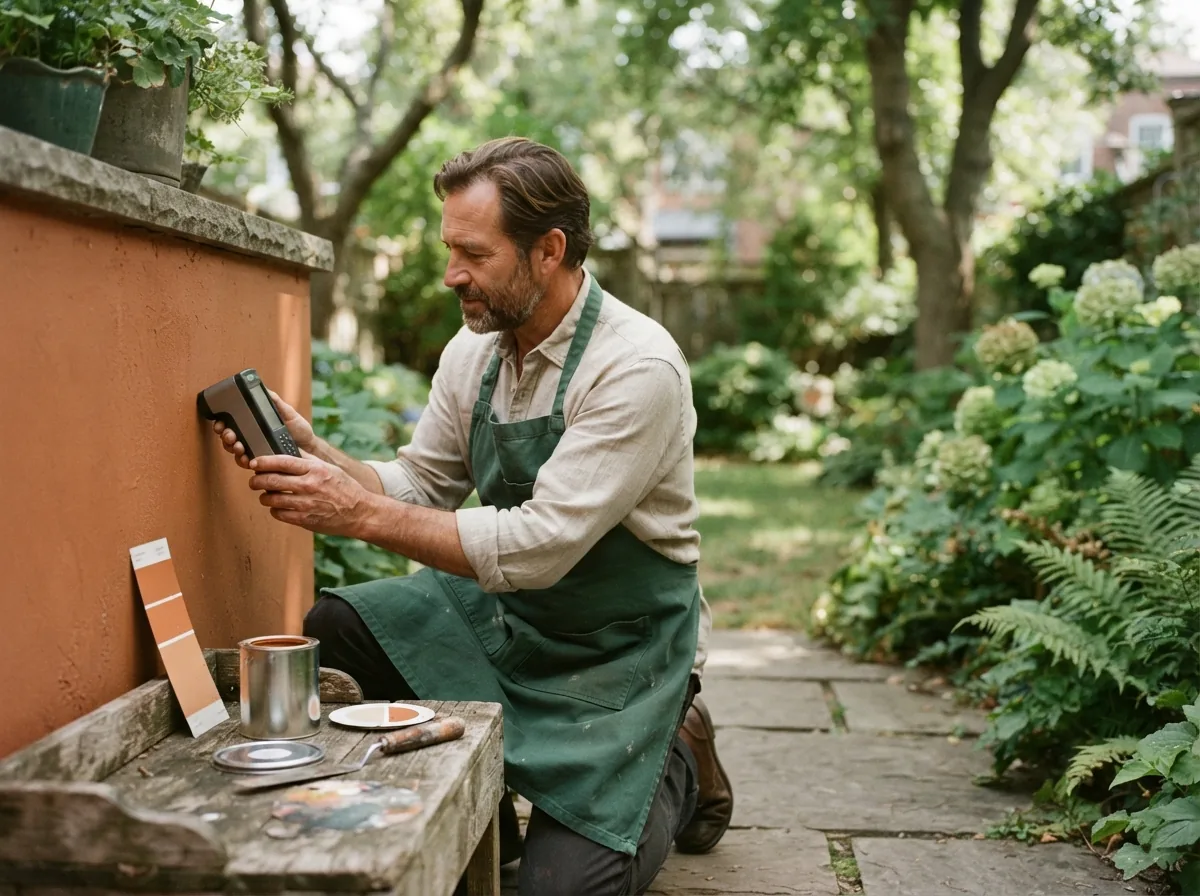 Person kneeling in a garden holding a colour reader against a terracotta-painted board, sample cards on the table