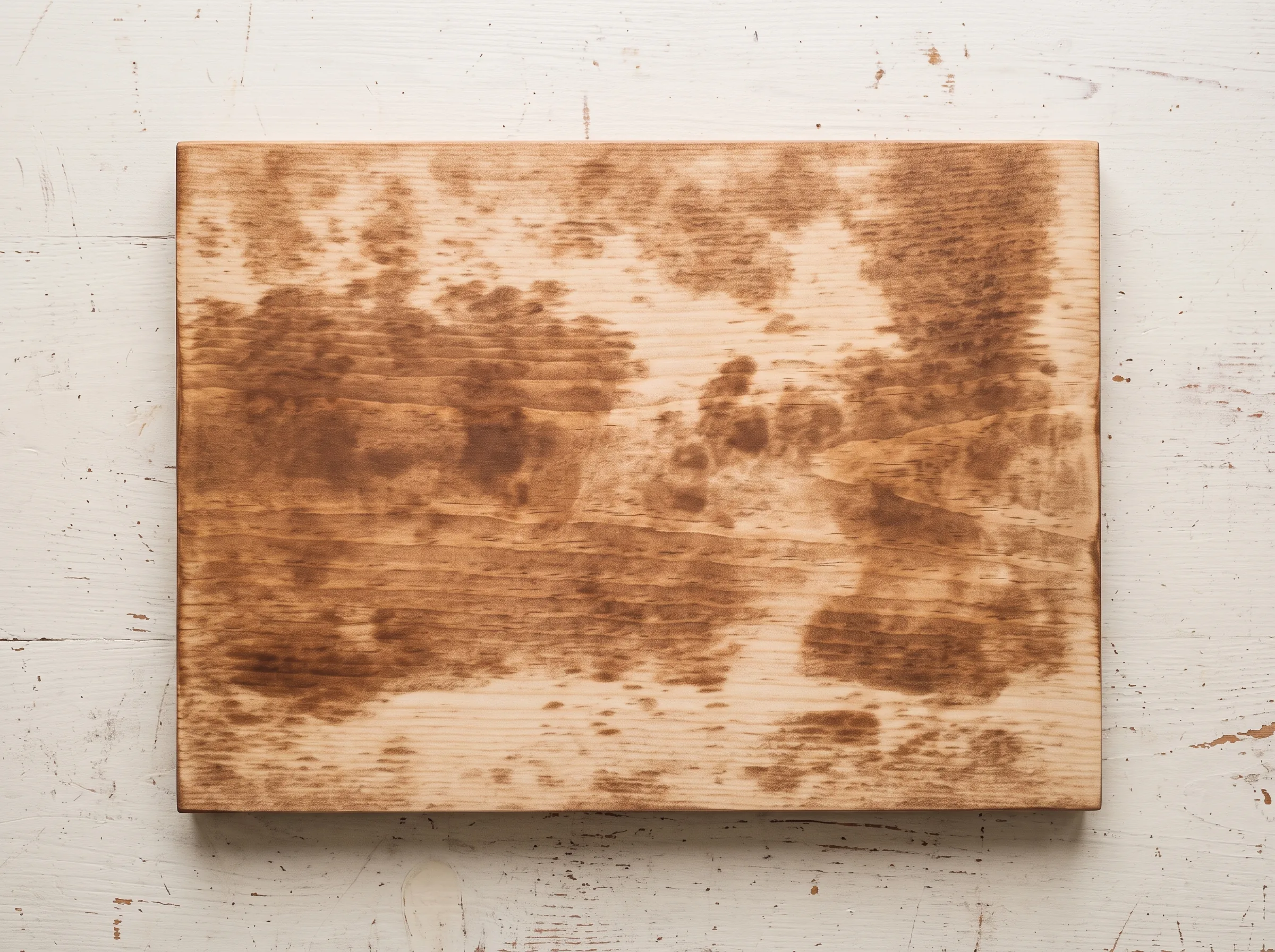 Pine board stained without conditioner, showing heavy dark blotching and uneven patches across the grain