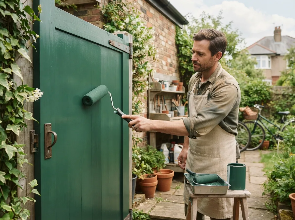 Person rolling green paint onto a metal shed door, tin and tray on a stool