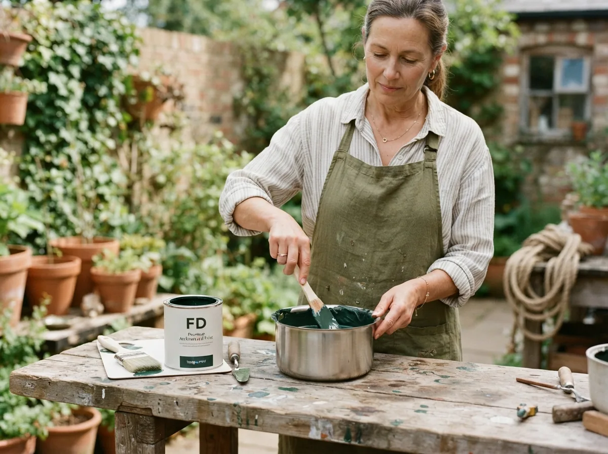 Person stirring a pot of dark green paint at an outdoor bench, a Falls Decor tin beside them