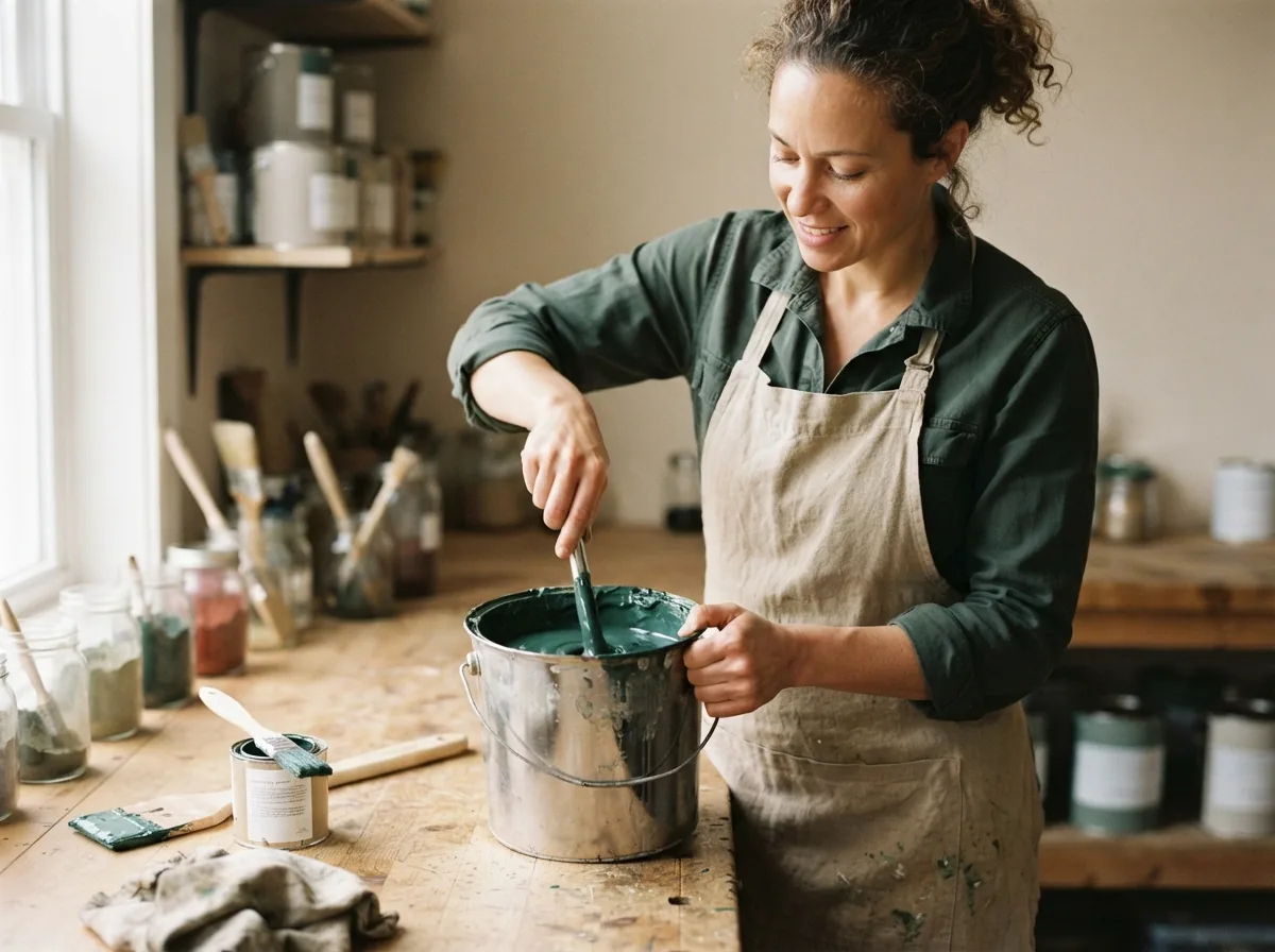 Person stirring a large pail of dark green paint in a workshop