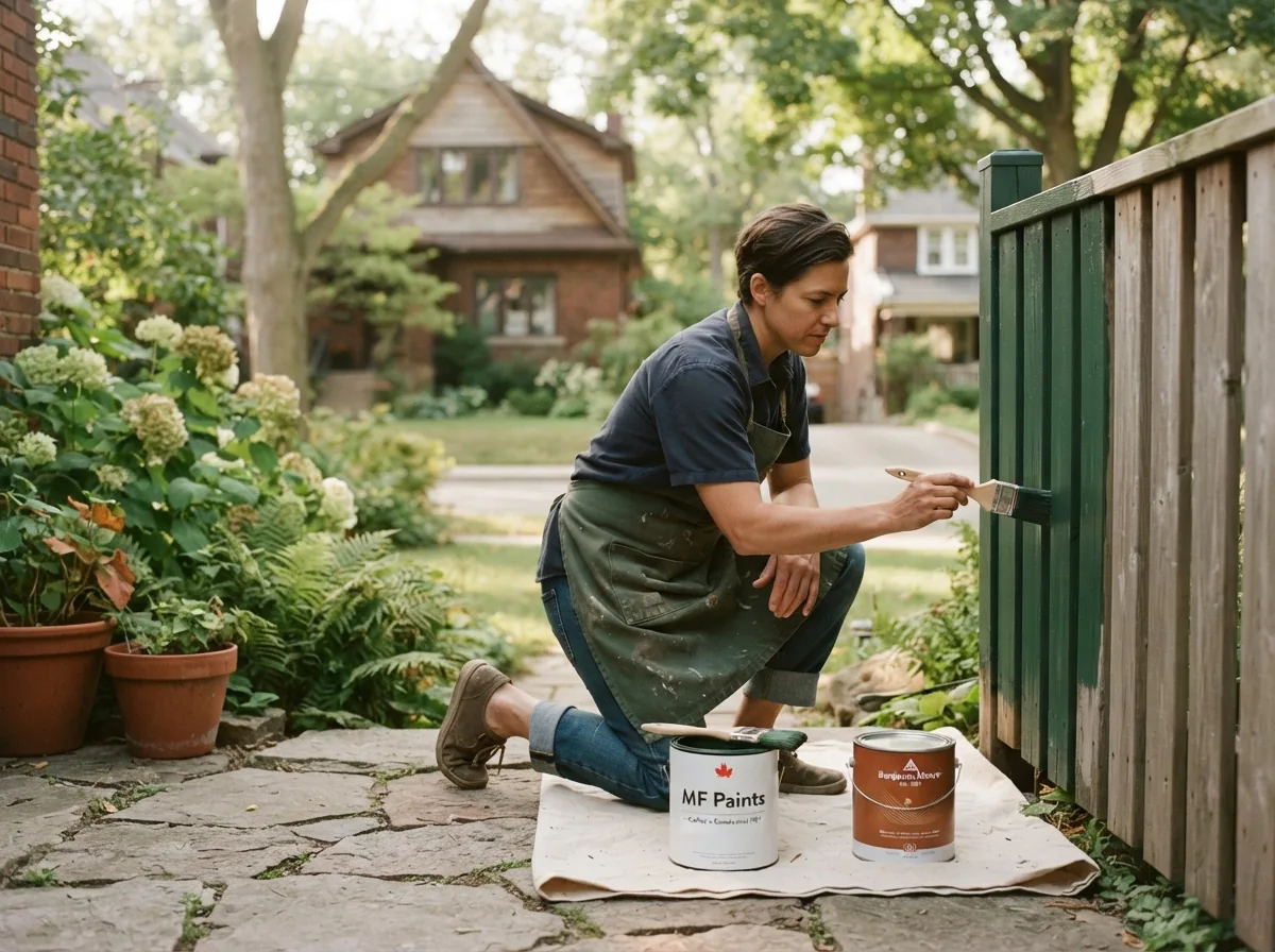 Person kneeling to brush dark green paint onto a board fence, two tins on the drop cloth beside them