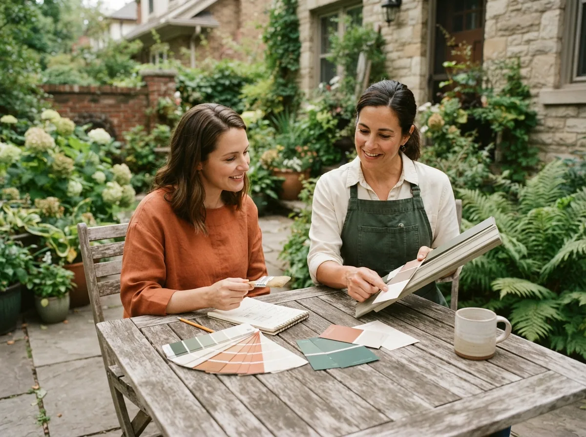 Two people at a garden table looking through a colour fan and sample cards