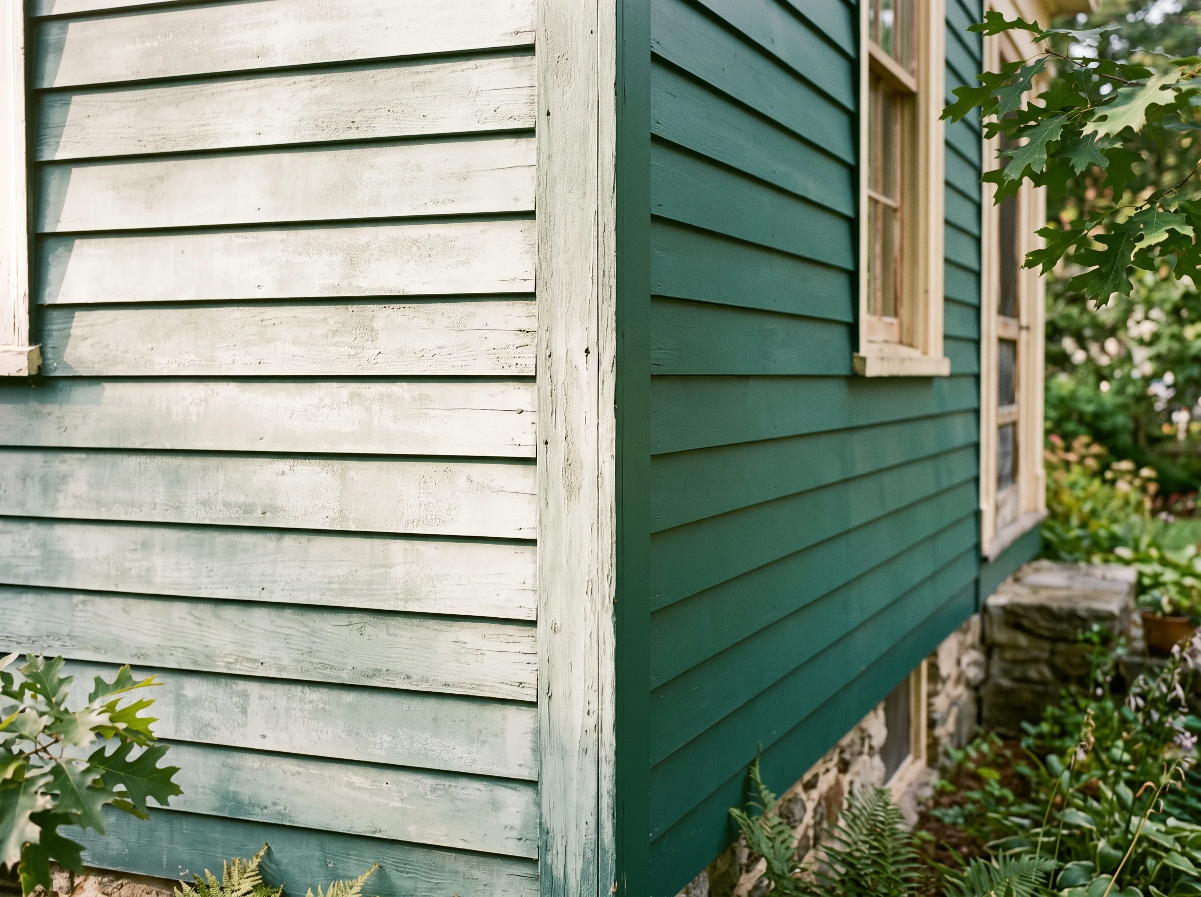 Corner of a painted wood-sided house where the sun-facing wall has faded chalky while the shaded wall beside it still holds its original colour