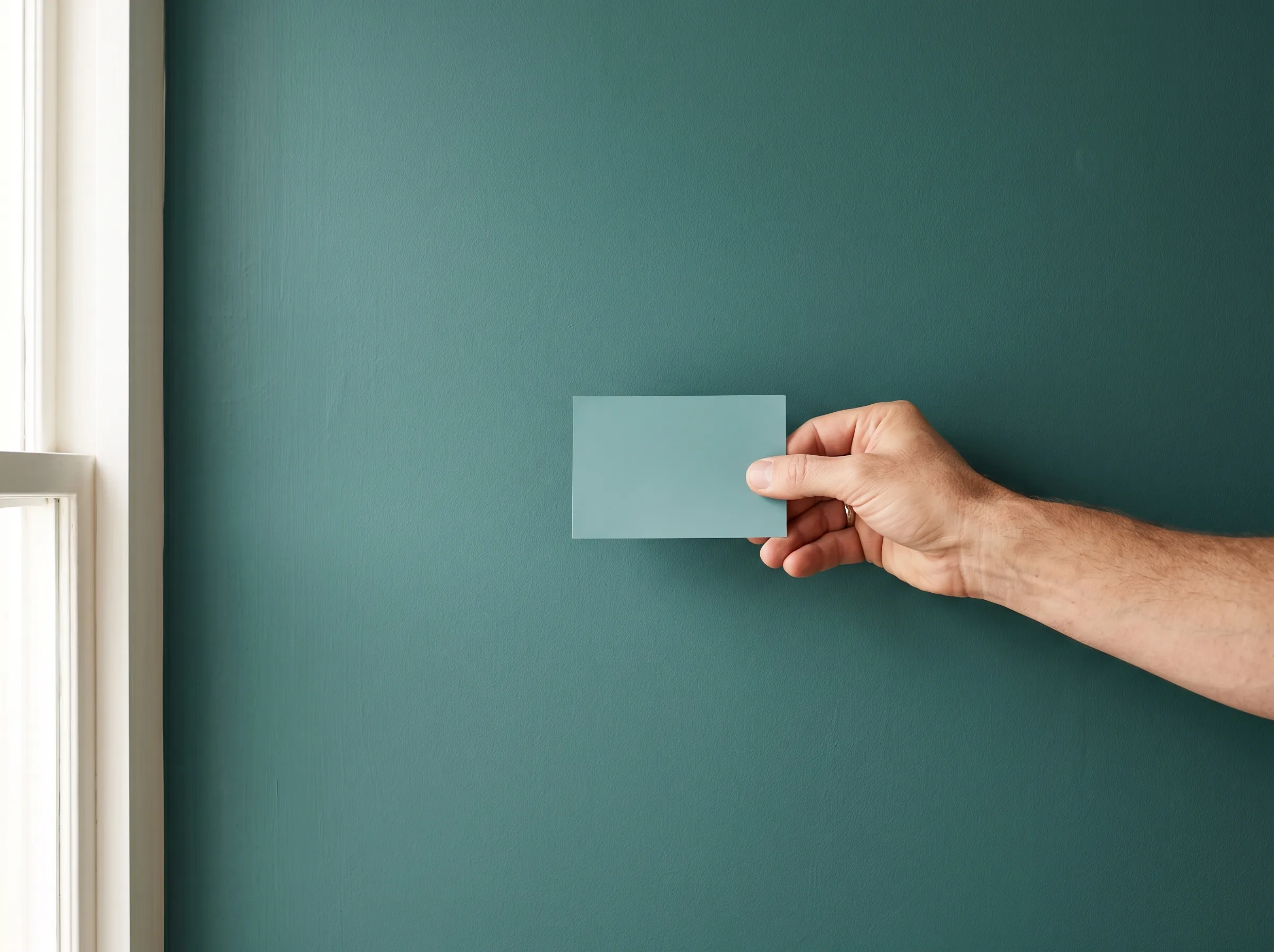 A small paint chip held flat against a large wall painted the same colour, the chip reading noticeably lighter and cooler than the wall behind it