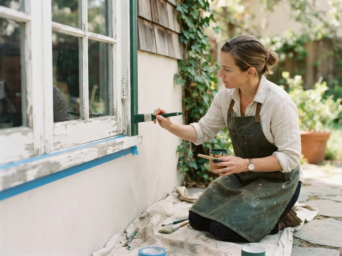 Person painting a window sill with the glass masked off in tape