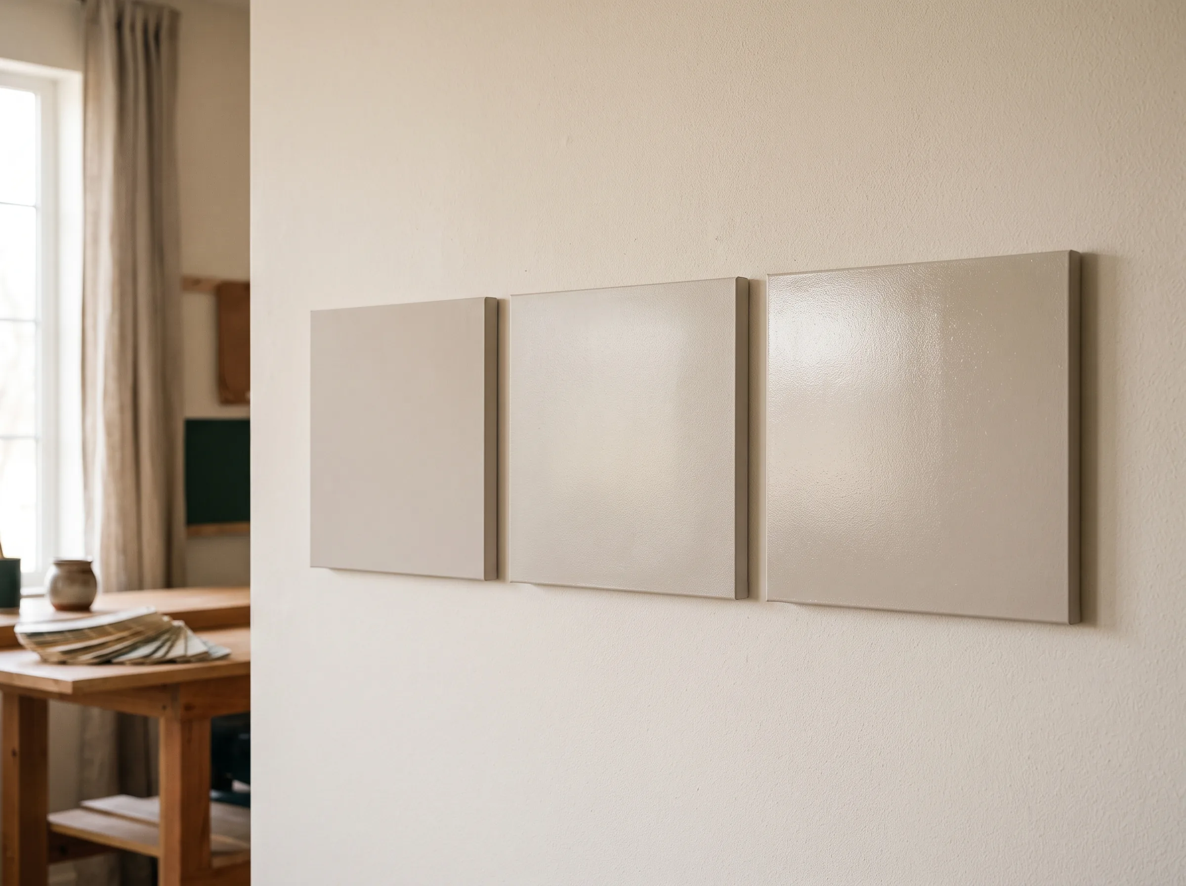 Three panels painted the same warm greige in matte, eggshell and satin, lit from the side so only the sheen differs: no reflection, a faint glow, a clear soft highlight