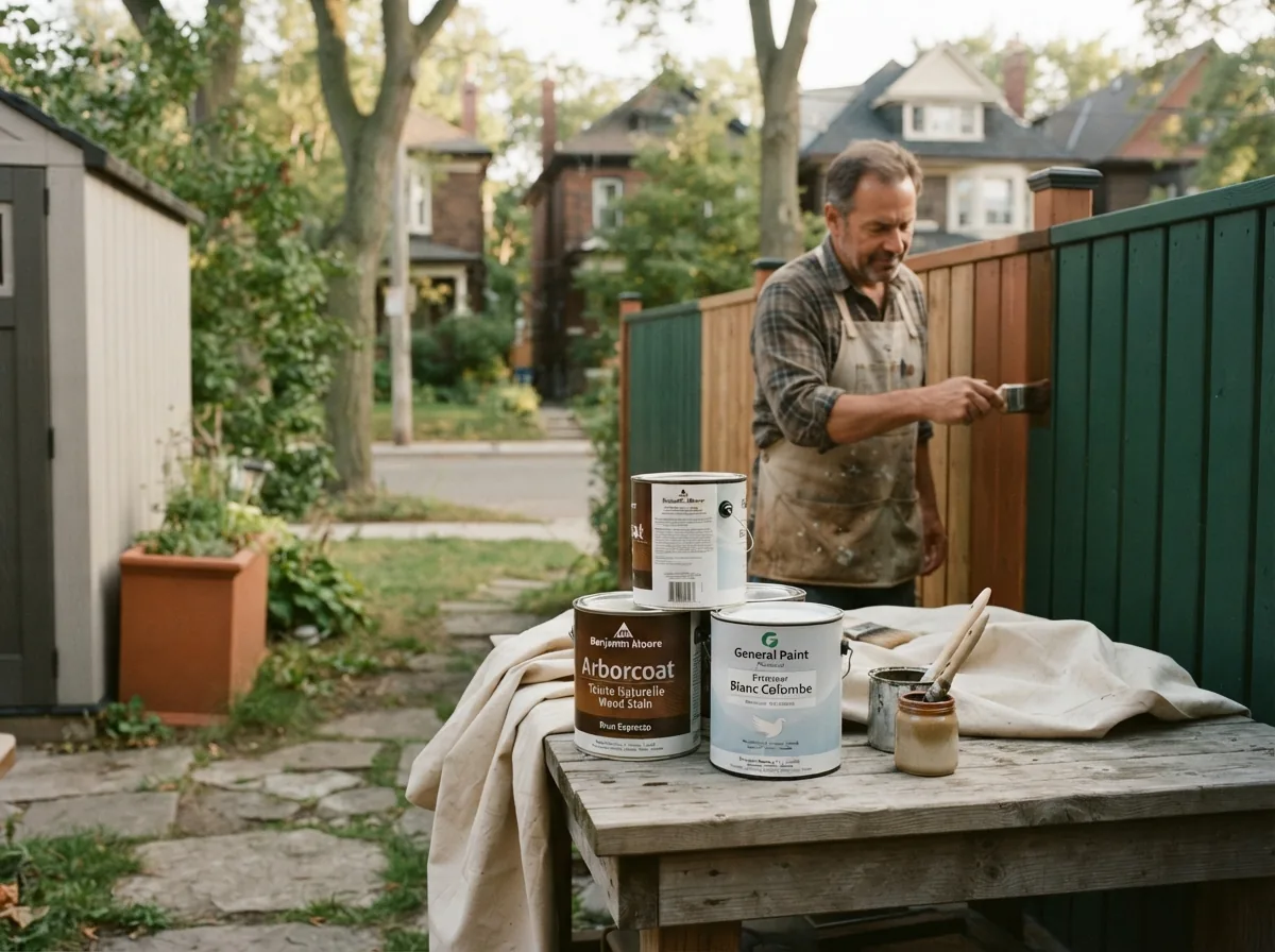 Person at an outdoor bench with wood coating and gloss enamel tins, brush in hand