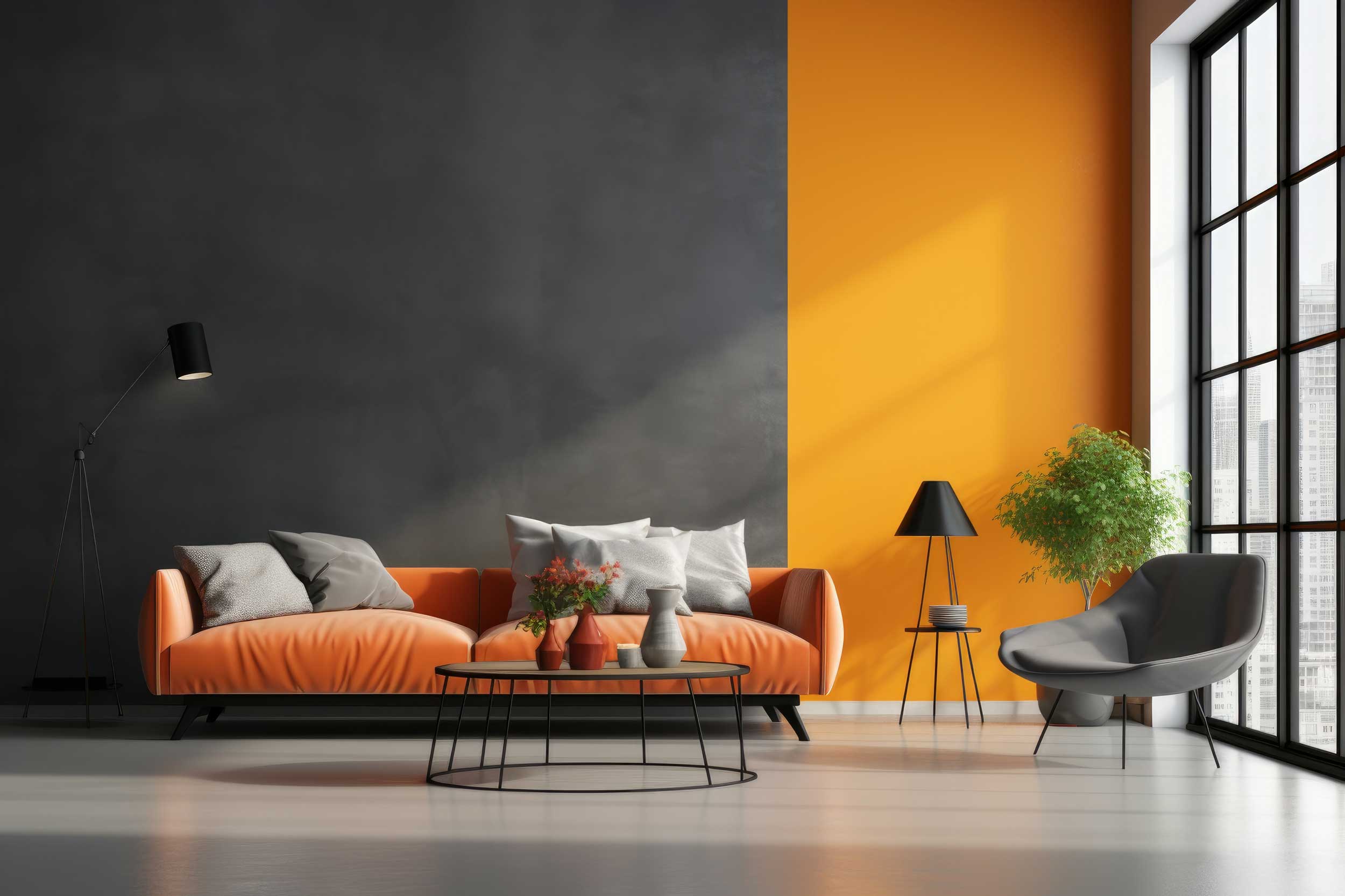 A warmly lit, freshly painted living room